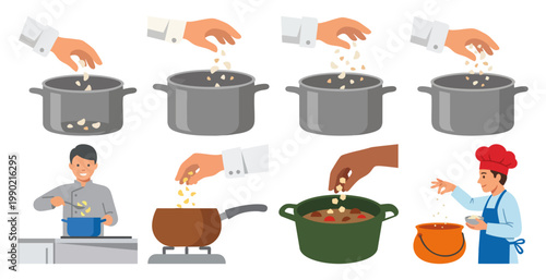  KITCHEN CHEF - Hand tossing minced garlic into a cooking pot  Flat Vector Illustration on Transparent Background