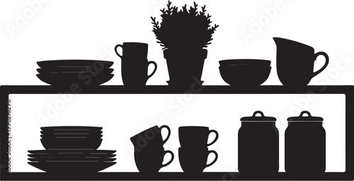Black silhouette of dishes and kitchen on two shelves
