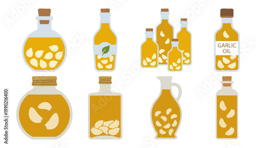 GARLIC OIL - Clear glass bottle filled with oil and garlic cloves  Flat Vector Illustration on Transparent Background