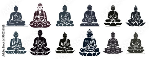 Buddha statue silhouette collection with various mudras, lotus meditation icons set, oriental religious symbols for logo design, spiritual zen yoga wellness vector elements.