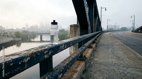 Empty Urban Bridge with Waterway and Overcast Sky