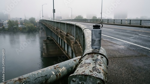 Rusty Bridge Over Water with Water Bottle on Railing in Foggy Urban Scene