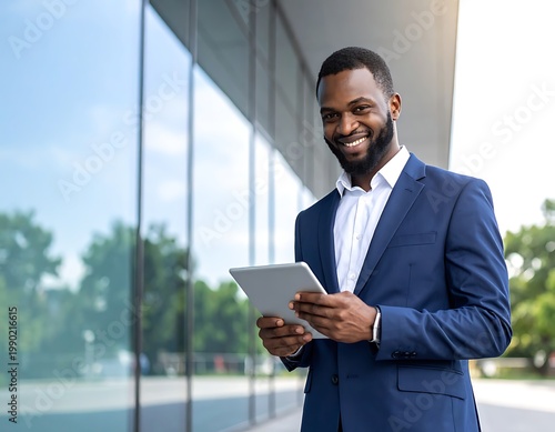A smiling black man in a blue suit holding a tablet