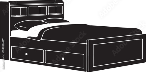 Black bed with two drawers and headboard white outline traced