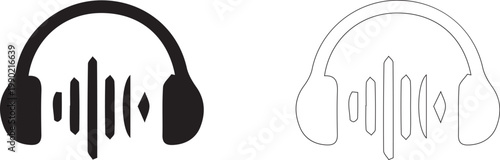 Headphones with Sound Waves Icon Set - Audio Listening, Music Symbol and Podcast Equipment Concept in Black and White Line Art