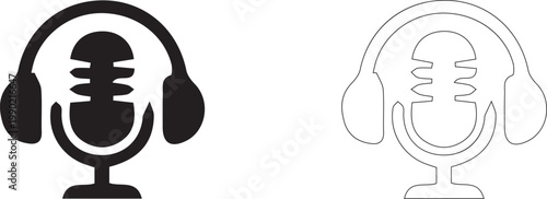 Studio Microphone with Headphones Icon Set - Podcast Recording, Voice Over and Audio Broadcasting Symbol in Black and White Line Art