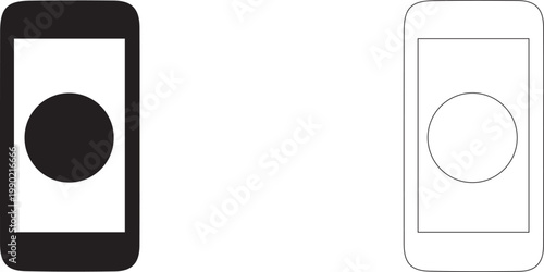 Smartphone with Circle Icon Set - Mobile App Button, Touch Screen Interface and Digital Device Symbol in Black and White Line Art