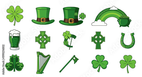 Saint Patrick's Day Icons: Shamrock, Hat, Rainbow, Pot of Gold, Beer, Harp, Axe