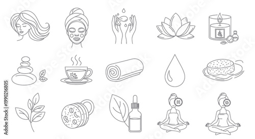Spa & Wellness Icons: Beauty, Relaxation, Aromatherapy, Yoga, Herbal Tea, Skincare