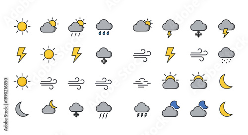 Weather Icons Collection: Sun, Clouds, Rain, Snow, Thunderstorm, Wind, Moon, Fog