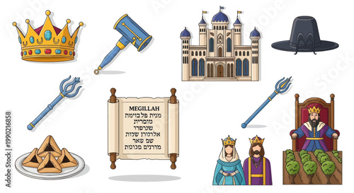 Purim Symbols Pixel Art: King, Queen, Castle, Megillah, Hamantaschen, Crowns, Scepter, Hat