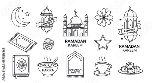 Ramadan Kareem Icons: Moon, Mosque, Lanterns, Dates, Holy Book, Harira Soup, Prayer Mat, Coffee Cup, Sweets