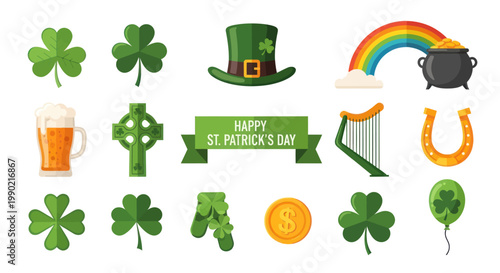 Saint Patrick's Day Icons Collection: Shamrock, Hat, Rainbow, Pot of Gold, Beer, Harp, Horseshoe