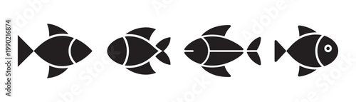 Minimalist Vector Icon of a Fish Rendered in Black and White Silhouette Set for Seafood Logo Design, Aquatic Animal Branding, and Sustainable Fishing Industry Graphics