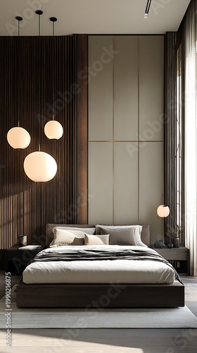 Bedroom showcases a minimalist design with a plush bed and sculptural globe pendant lighting.