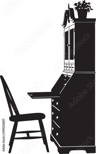 Black silhouette of secretary desk and chair