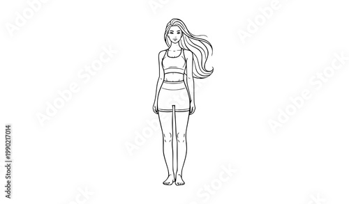 Line art sketch of a woman in sportswear with white background long hair hand drawn sporting goods sportswear illustration athletic activewear lifestyle isolated barefoot clothing stylized
