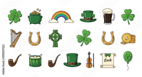 Saint Patrick's Day Icons: Shamrock, Pot of Gold, Rainbow, Leprechaun Hat, Beer, Harp, Horseshoe, Celtic Cross