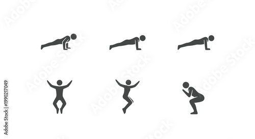 Fitness icons: push-up, jumping jack, squat silhouettes on white background