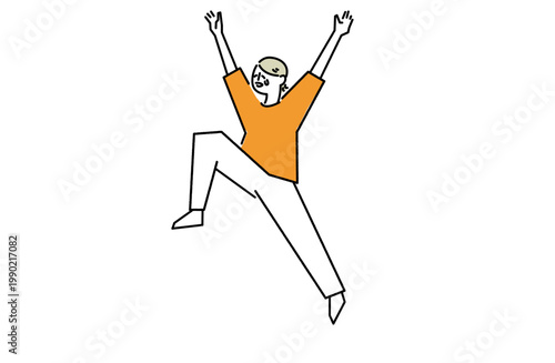 嬉し泣きしながら飛び跳ねる女性の線画イラスト