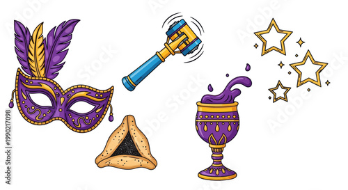Purim Celebration Elements: Mask, Hamantaschen, Gragger, Goblet, Stars