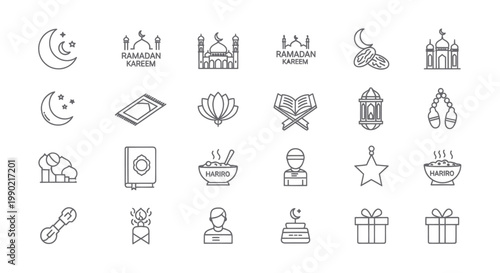Ramadan Icons Set: Crescent Moon, Mosque, Quran, Lantern, Dates, Prayer Mat, Star