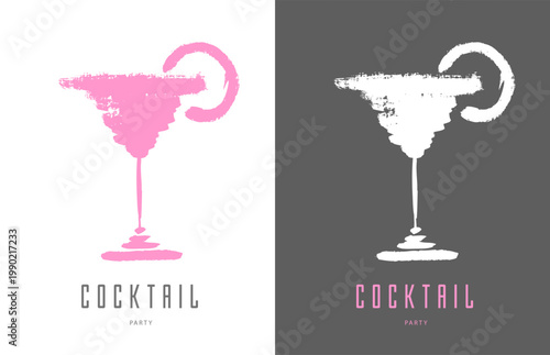Hand drawing watercolor cocktail cosmopolitan silhoutte isolated on white and black background. Vector illustration.