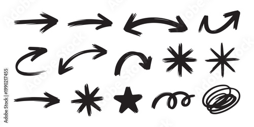 Set of black hand-drawn doodle arrows, stars, and abstract shapes, vector illustration isolated on transparent background.