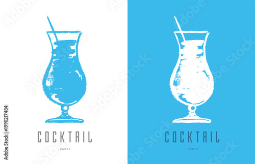 Hand drawing watercolor cocktail blue lagoon silhoutte isolated on white and blue background. Vector illustration.
