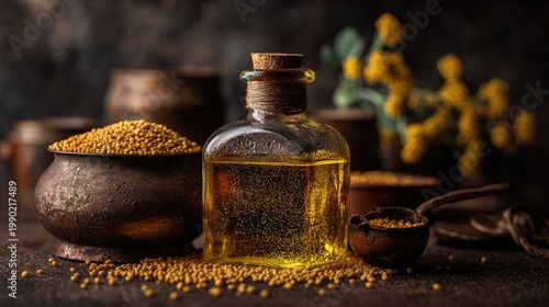 A professional shot of a bottle of premium mustard oil, with a rustic metal container and fresh mustard seeds scattered around, product photography, dark background, studio light