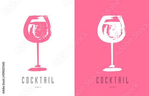 Hand drawing watercolor cocktail cosmopolitan or wine glass  silhoutte isolated on white and pink background. Vector illustration.