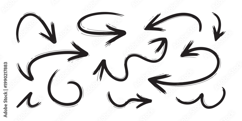Fototapeta premium Set of black hand-drawn doodle arrows, vector illustration isolated on transparent background for design.
