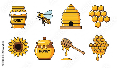 Honey vector bundle with bee jar hive and honeycomb icon set