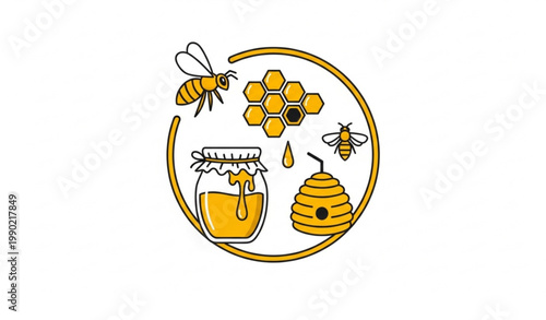 Natural honey badge vector symbol with bee hive and honeycomb logo