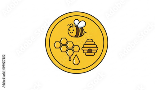 Honey bee vector badge with natural hive symbol and yellow seal
