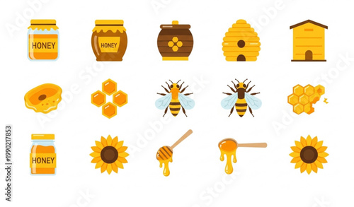 Honey apiary icon vector set with bee jar honeycomb and hive