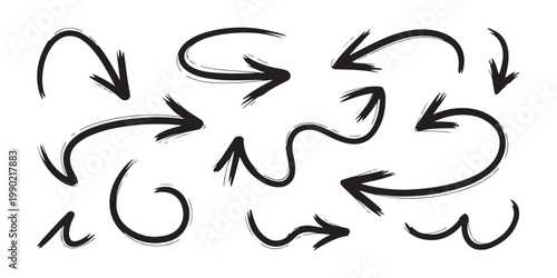 Set of black hand-drawn doodle arrows, vector illustration isolated on transparent background for design.