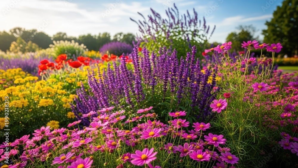 Obraz premium A vibrant and colorful flower garden on a sunny day with blue sky