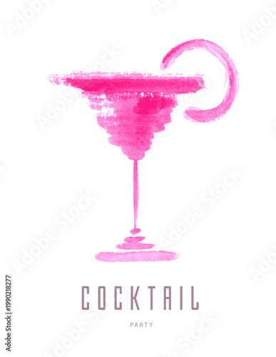 Hand drawing watercolor cosmopolitan isolated on white background. Wine glass design. Vector illustration.