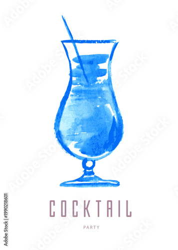 Hand drawing watercolor cocktail blue lagoon isolated on white background. Vector illustration.