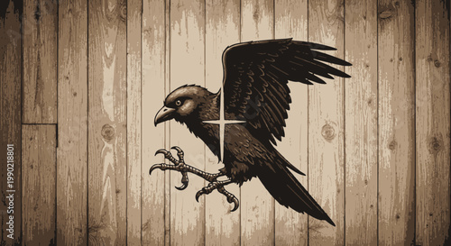 Raven with Cross Symbol - Dark Gothic Illustration