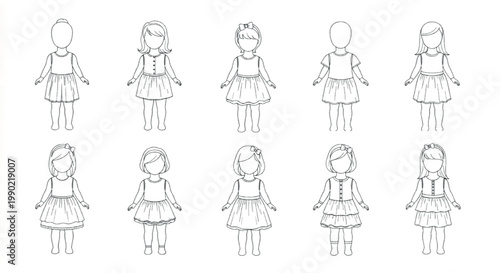 Minimalist girl dress fashion flat sketches, set of 10 children apparel technical drawings, toddler clothing line art vector templates