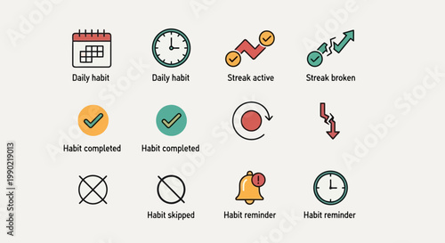 Comprehensive set of colorful flat vector icons representing daily habit tracking, completion, streaks, reminders, and skipped actions for modern productivity and lifestyle applications