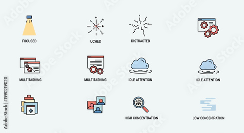 Diverse set of vector line icons depicting various states of human attention, mental focus, multitasking, and concentration in digital work environments