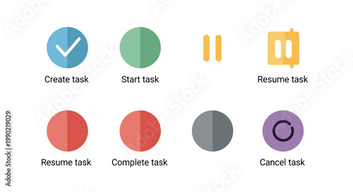 A comprehensive set of modern flat design icons illustrating various task management actions and workflow processes, ideal for user interfaces and digital applications