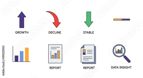 Comprehensive Data Analysis Icon Set for Business Reports and Financial Trends – Visualizing Growth, Decline, Stability, and Market Insights