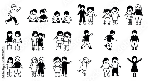 Minimalist children icons set, black and white kids silhouettes in various poses, flat vector collection of school children playing and standing