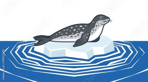 Cute Cartoon Seal Resting on an Ice Floe in the Ocean.