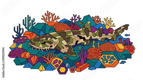 Camouflaged Shark Among Colorful Coral Reef Elements.