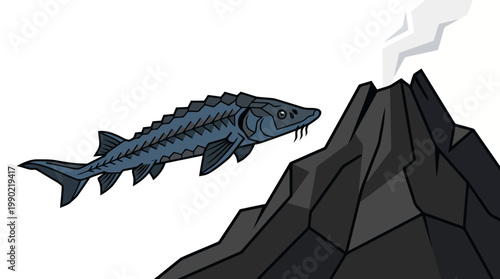Sturgeon Fish Leaping Near Active Volcano Illustration.